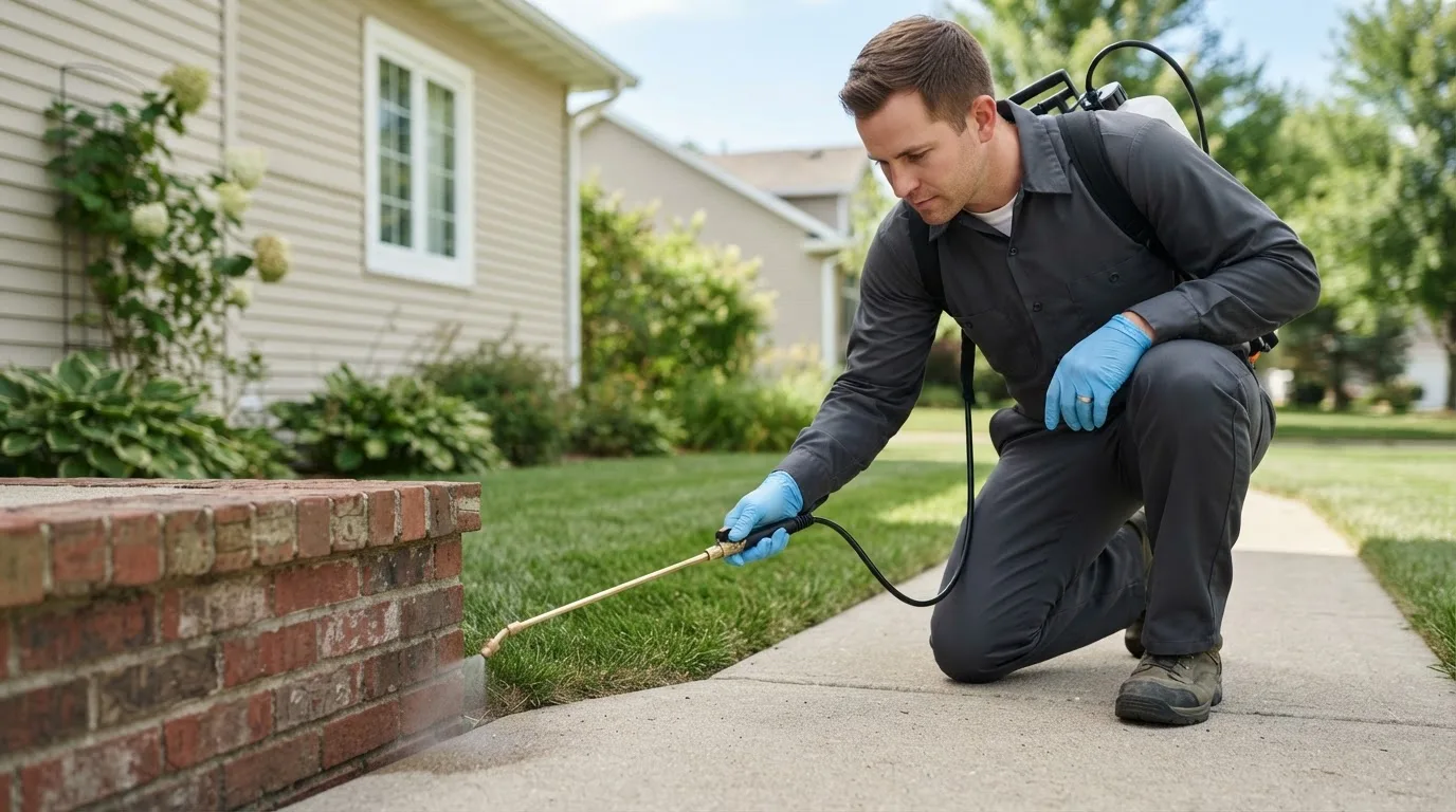 Pest control technician treating a home near Brookneal, VA