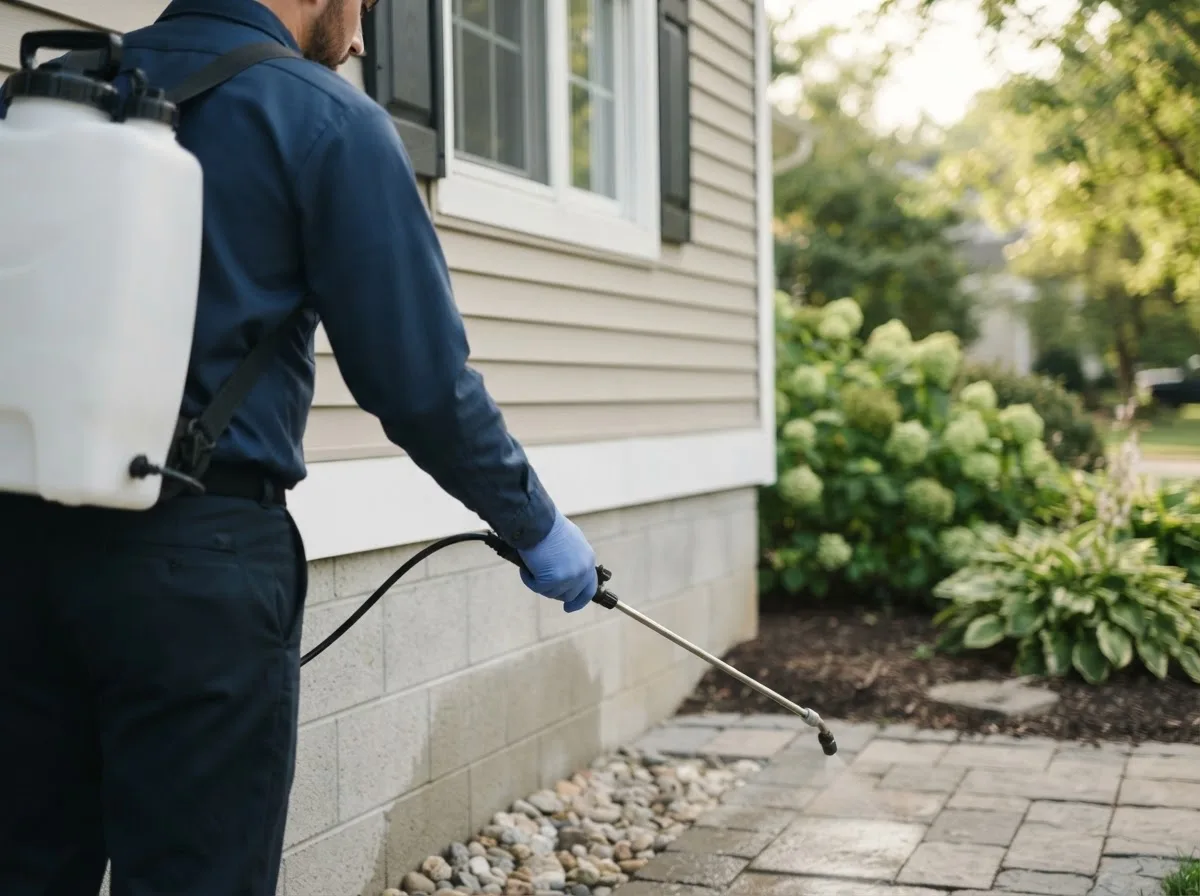 Pest control technician inspecting a home in Brookneal, VA